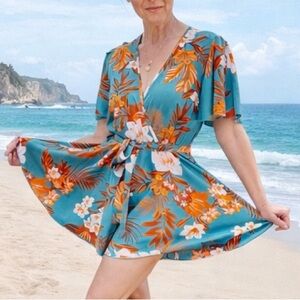 Floral Tie-Waist Teal Romper & Swim Cover-Up Size S